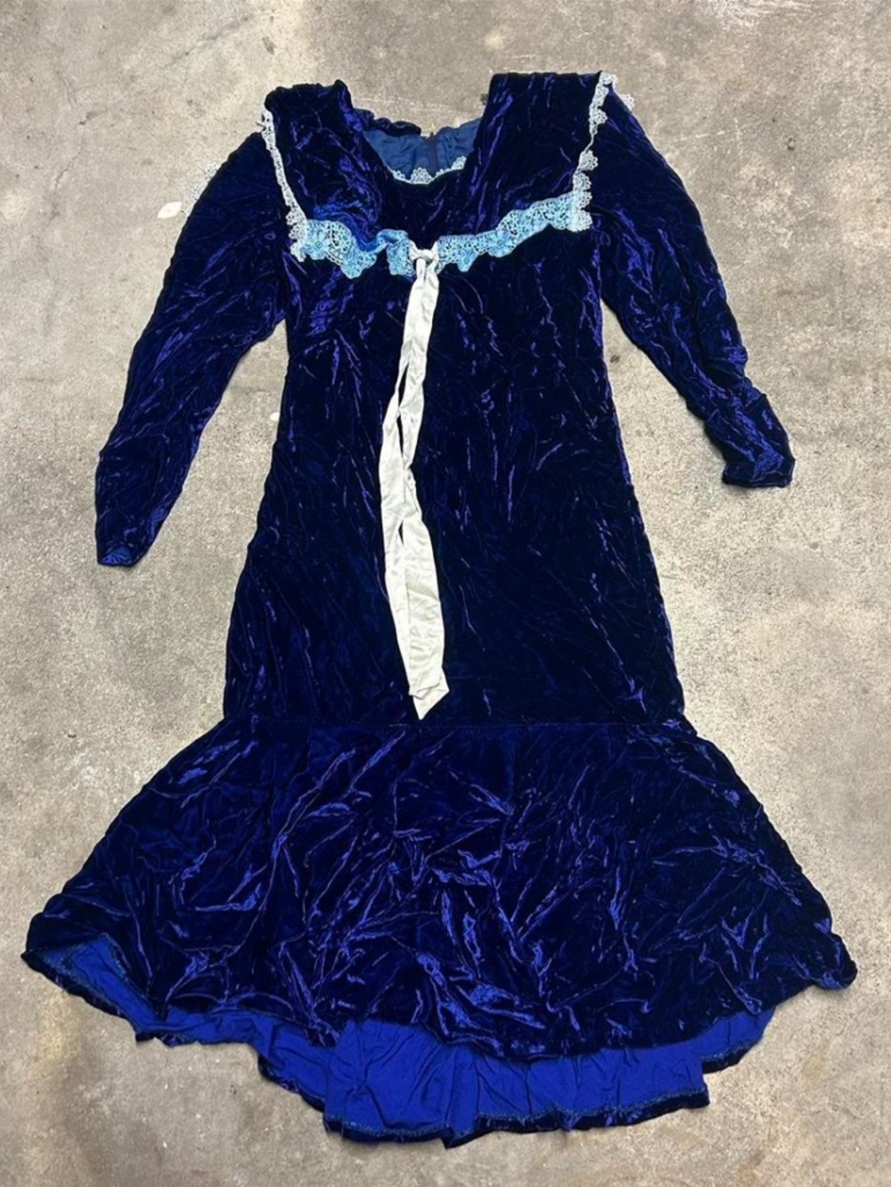 Gunne Sax Navy Blue Velvet Victorian Dress with Light Blue Lace